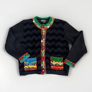 90s Berek Christmas Holiday Party Sweater, Black Chevron, Embellished, Size XL